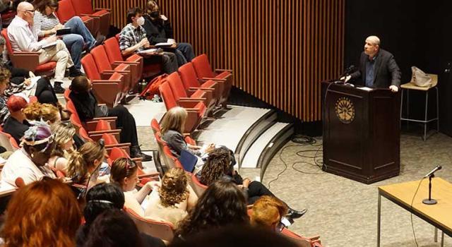 Jeff Sharlet addressing an audience in Franklin Patterson Hall