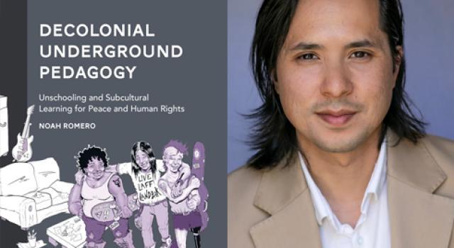Book cover of Decolonial Underground Pedagogy and headshot of Noah Romero