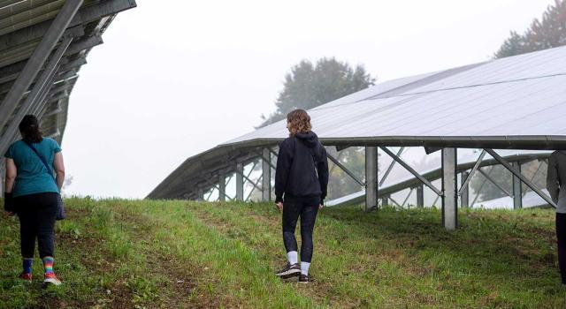 Students walk through solar panel field