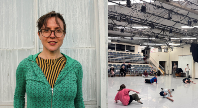 Split image showing a dance professor and a rehearsal space. On the left, a person with short brown hair, glasses, and a green zip-up sweater stands smiling in front of a frosted glass wall. On the right, dancers are spread across a large studio floor in various poses during a class or rehearsal, with an audience observing from bleachers in the background. The room is brightly lit with exposed rigging and stage lights overhead.