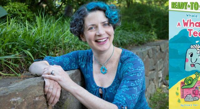 Erica Perl and the cover of the book, A Whale of a Tea Party