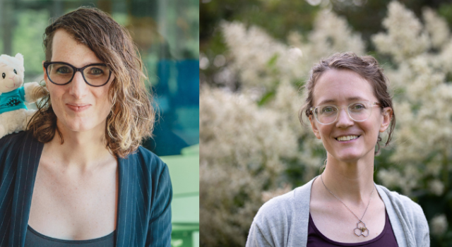 Two side by side headshots, one of a person with a small stuffed bear on her shoulder, the other a person standing outside in front of a flowering shrub.