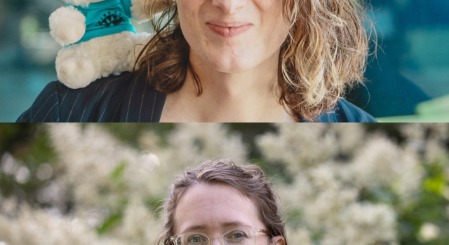 Two stacked headshots, one of a person with a small stuffed bear on her shoulder, the other a person standing outside in front of a flowering shrub.