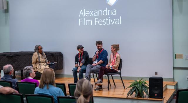 Zach Laliberte, Zan Gillies, and Lysandra Petersson being interviewed at the Alexandria Film Festival, November 2025.