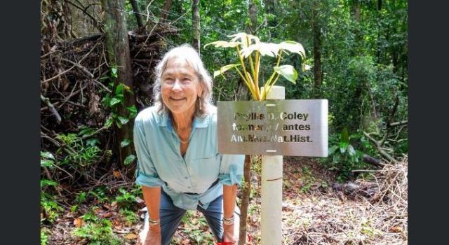 A person in a blue top smiling and standing outside among trees by a sign that reads "Phyllis D. Coley formerly/antes Am. Mus. Nat. Hist."