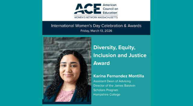 A person in a pink shirt and blue blazer smiling with overlay of the words Diversity, Equity, Inclusion and Justice Award