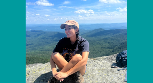 A person sitting on a rocky ground overlooking a dramatic natural vista. 