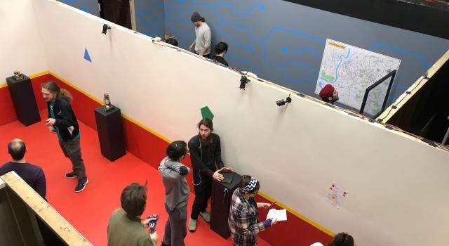 Aerial view of students working on building escape rooms