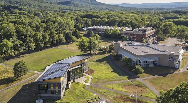 Kern Center aerial from a drone with Holyoke Mountain range behind