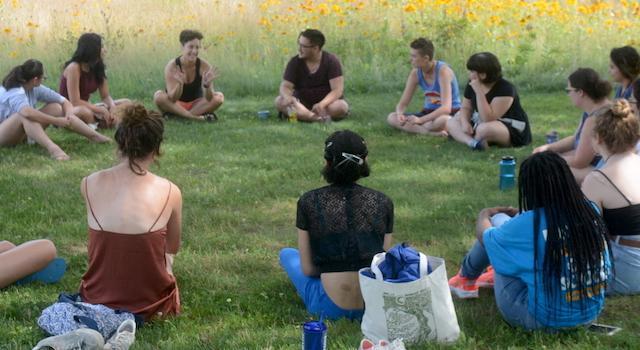 summer-course students meet outdoors