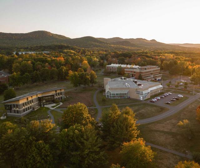 Drone photo of the Hampshire College Campus