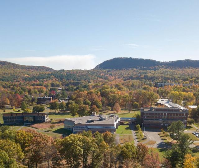 Drone shot of campus in the fall.