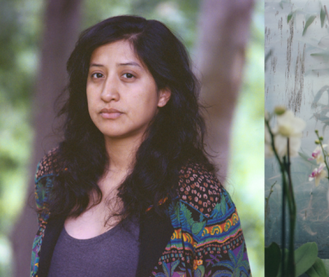Veronica Melendez headshot on the left and photograph of orchids on the right.