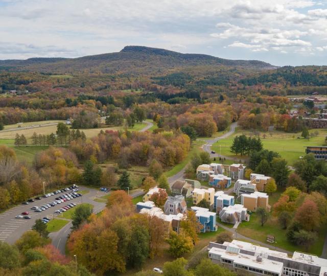 Drone campus shot of Hampshire College.