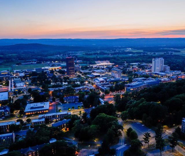 Amherst drone view at dusk.