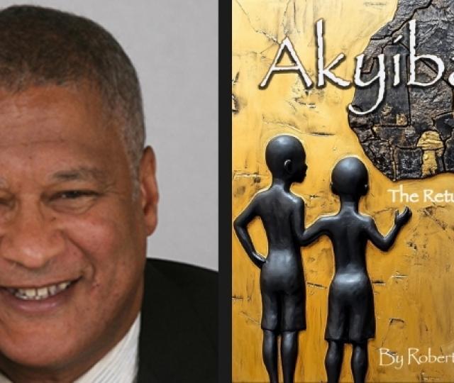 A close up of a person in a coat and tie leaning on his hand and smiling beside a book cover reading Akiba -- The Return by Robert Coles.