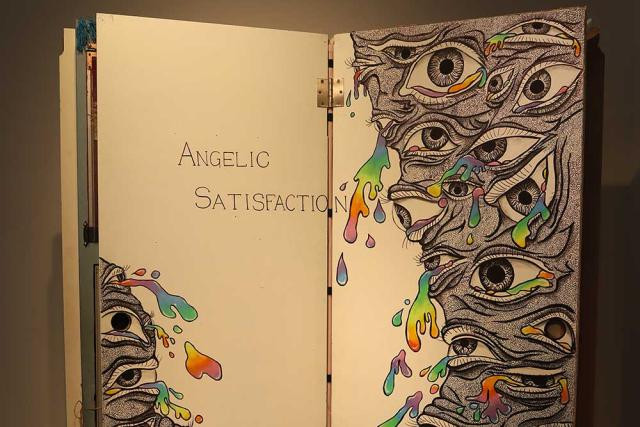 Drawing with eyes drying rainbows that reads "Angelic Satisfaction" by Leo Giannini