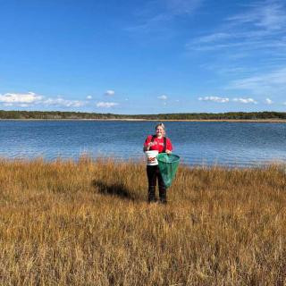 Anneka sampling at Sage Lot Pond