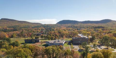 Drone shot of campus in the fall.