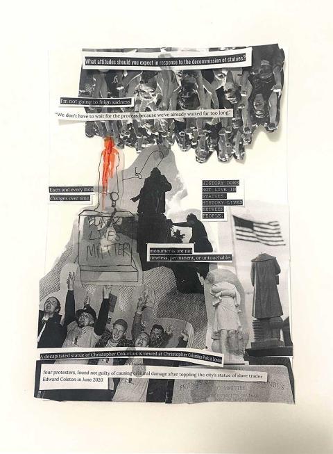Collage with black and white images and words