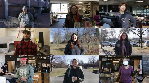 A compilation of still shots of students. There are three rows of three photos.