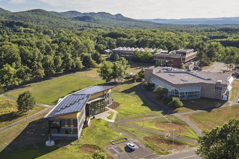 Kern Center aerial from a drone with Holyoke Mountain range behind
