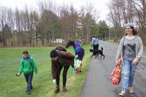 Students picking up litter on the Hampshire College campus