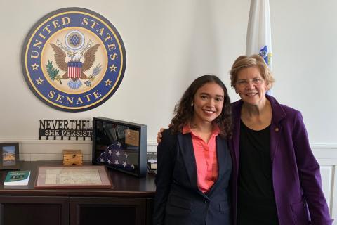 Student Moira Tan and Senator Elizabeth Warren