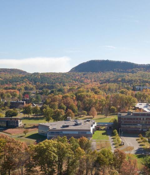 Drone shot of campus in the fall.