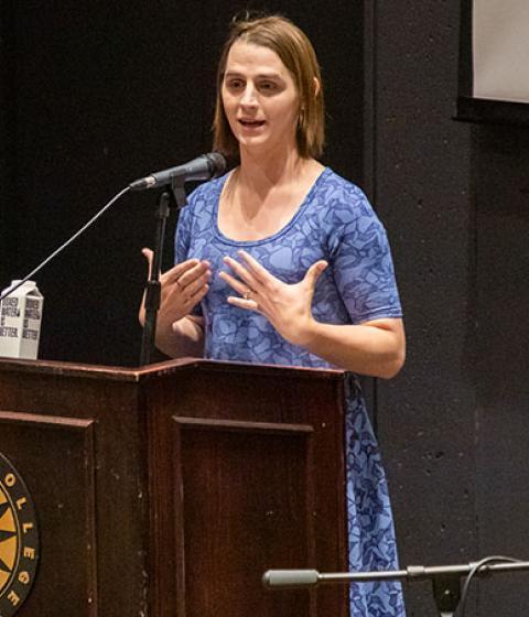 Montana Representative Zooey Zephyr standing at a podium speaking