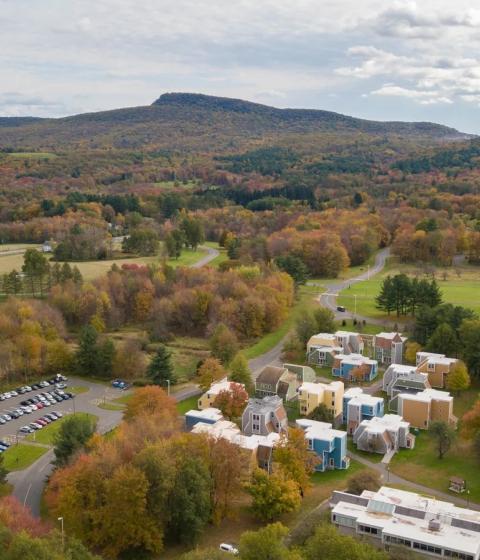 Drone campus shot of Hampshire College.