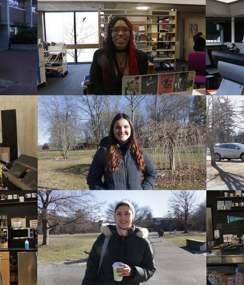 A compilation of still shots of students. There are three rows of three photos.