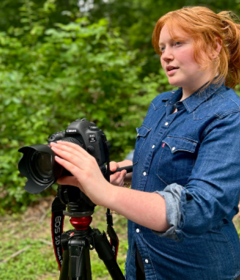 Left: Elizabeth Green holding a large camera. Right: A still from the doc "Reviving the Forgotten River"