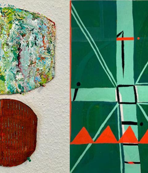 Paintings by Scott Shepard and Andrew Zarou, and the two artists hanging an exhibit