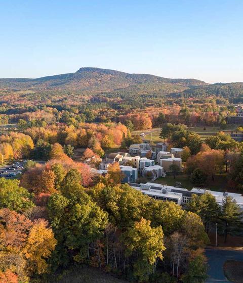 Aerial view of Hampshire College campus in autumn