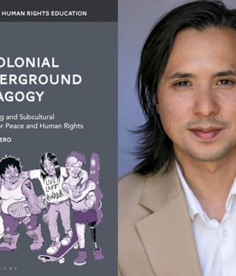 Book cover of Decolonial Underground Pedagogy and headshot of Noah Romero