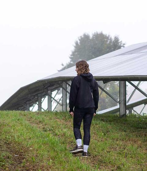 Students walk through solar panel field