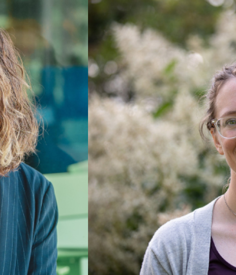 Two side by side headshots, one of a person with a small stuffed bear on her shoulder, the other a person standing outside in front of a flowering shrub.