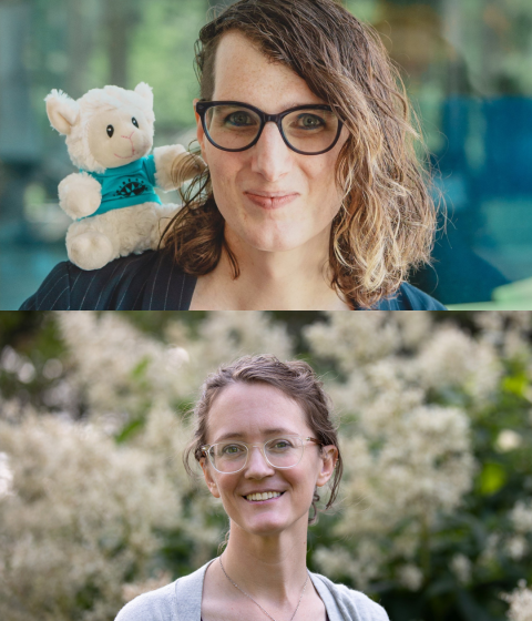 Two stacked headshots, one of a person with a small stuffed bear on her shoulder, the other a person standing outside in front of a flowering shrub.