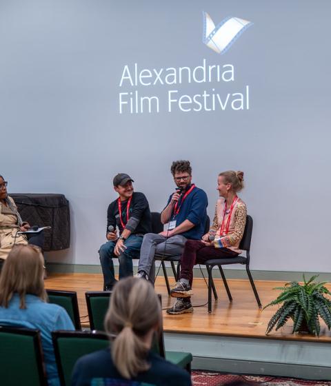 Zach Laliberte, Zan Gillies, and Lysandra Petersson being interviewed at the Alexandria Film Festival, November 2025.