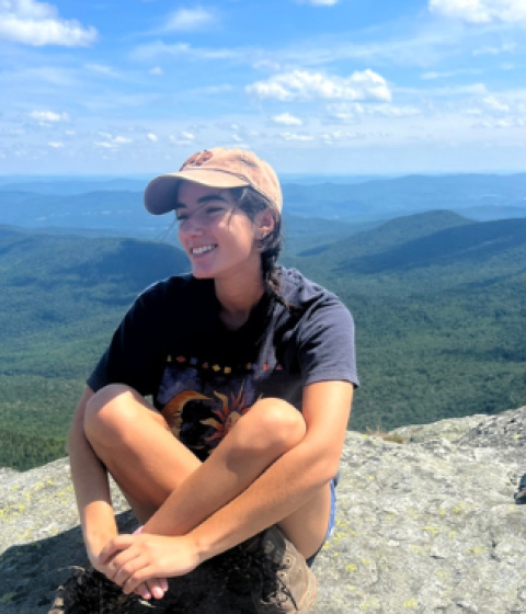 A person sitting on a rocky ground overlooking a dramatic natural vista. 