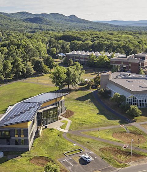 Kern Center aerial from a drone with Holyoke Mountain range behind