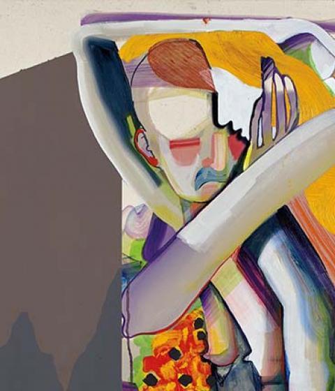 A cropped image of a painting by Christina Quarles. The painting features bold brush strokes and bright colors.