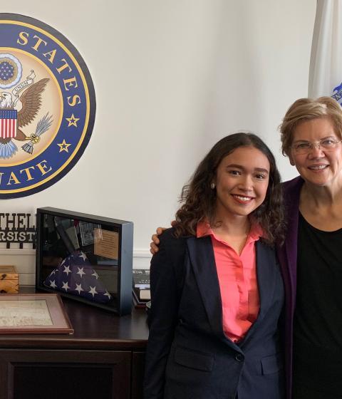 Student Moira Tan and Senator Elizabeth Warren