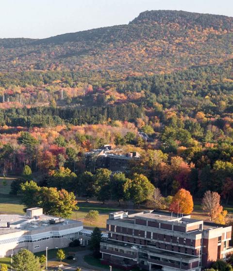 Aerial view of center of campus in autumn