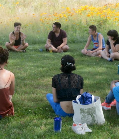 summer-course students meet outdoors